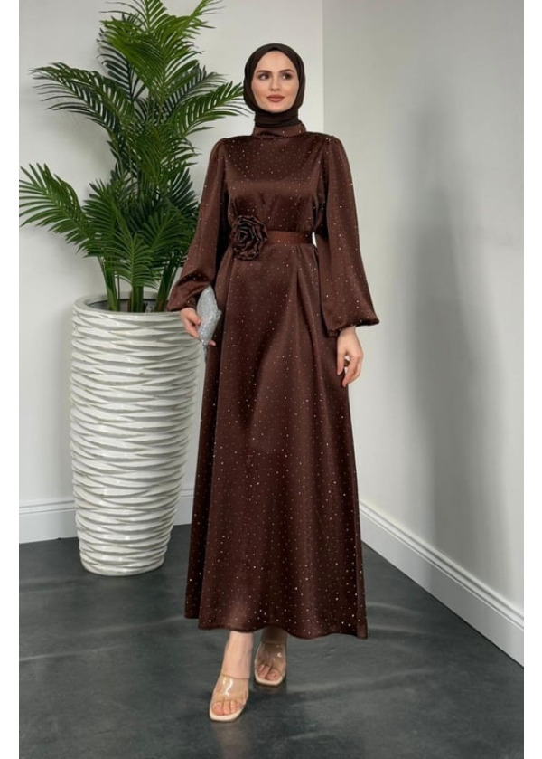 Margherita Taşlı Balon Kol Abiye Kahverengi
