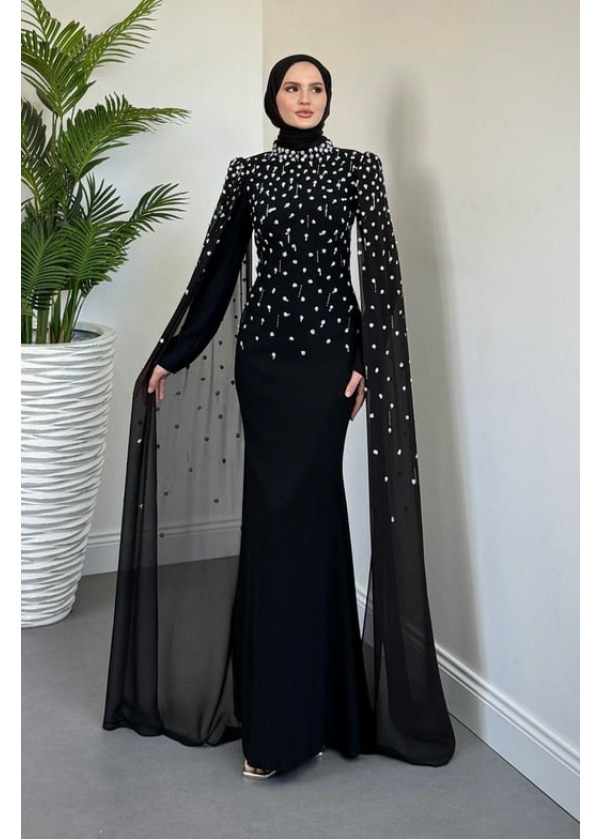 Flow Taşlı Pelerinli Abiye Siyah