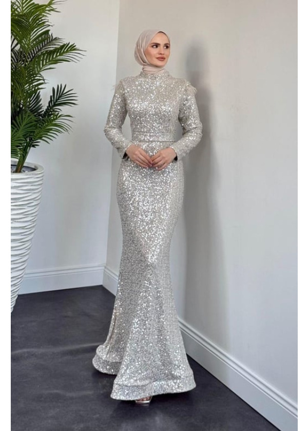 Lalin Payetli Balık Abiye Krem