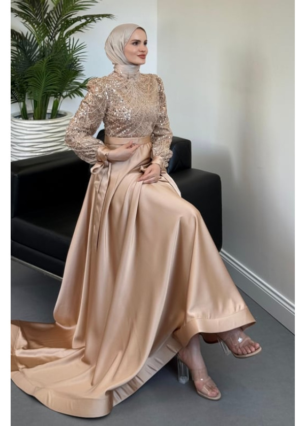 Elena Üstü Payetli Saten Abiye Gold