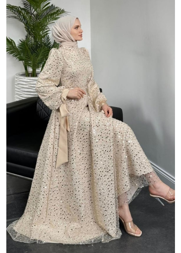 Hilly Kolları Fiyonk Saten Abiye Krem