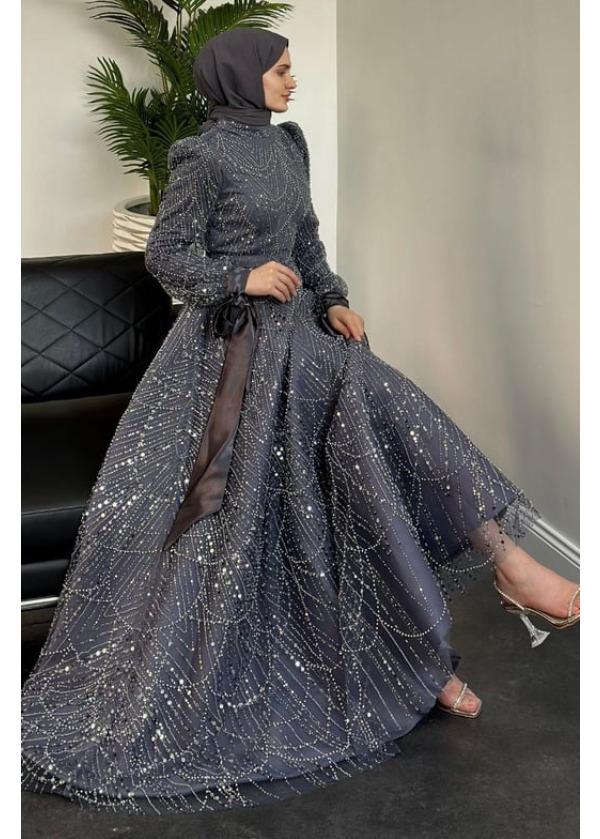 Victoria Kolu Fiyonk Boncuk İşlemeli Abiye Füme