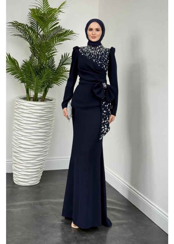 Lalissa Yandan Fiyonklu Taşlı Krep Abiye Lacivert