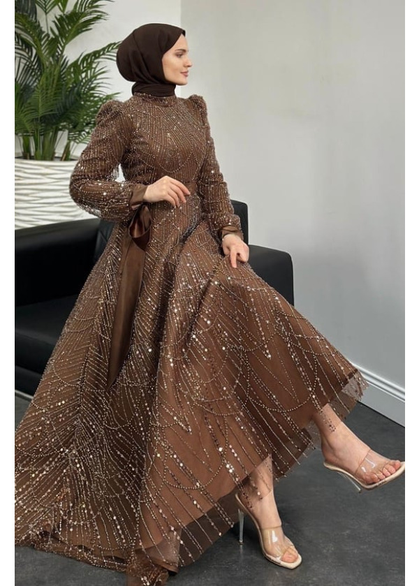 Victoria Kolu Fiyonk Boncuk İşlemeli Abiye Kahverengi