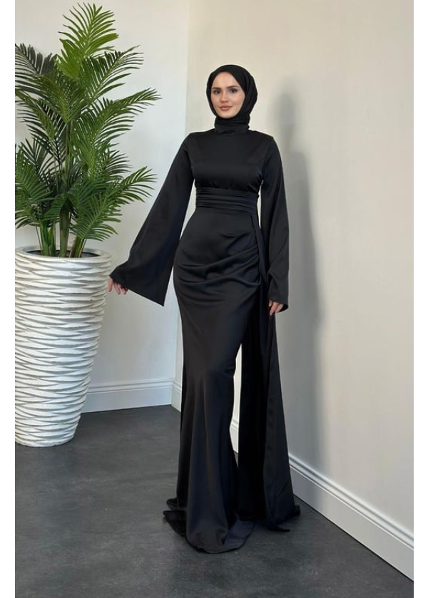 Arabella Pelerinli Saten Balık Abiye Siyah