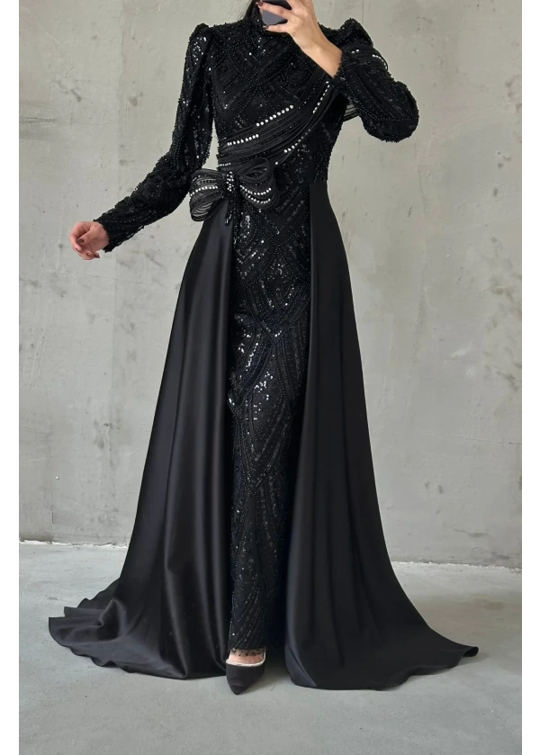 Hera Payet İşlemeli Şal Detaylı Tesettür Abiye Siyah