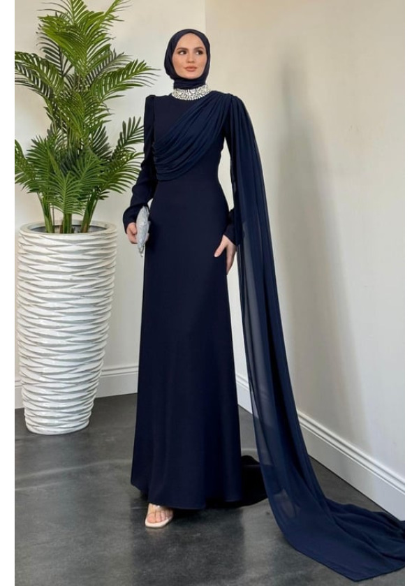 Olara Yandan Pelerinli Abiye Lacivert