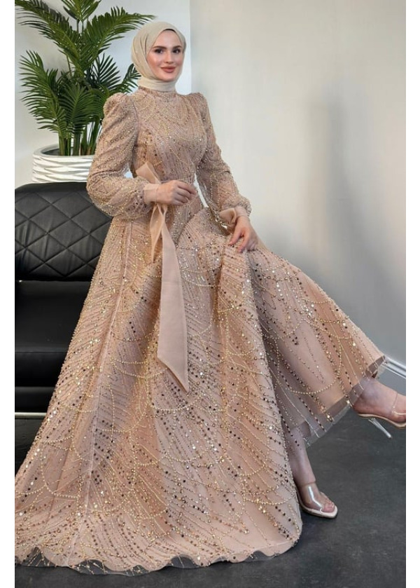 Victoria Kolu Fiyonk Boncuk İşlemeli Abiye Vizon