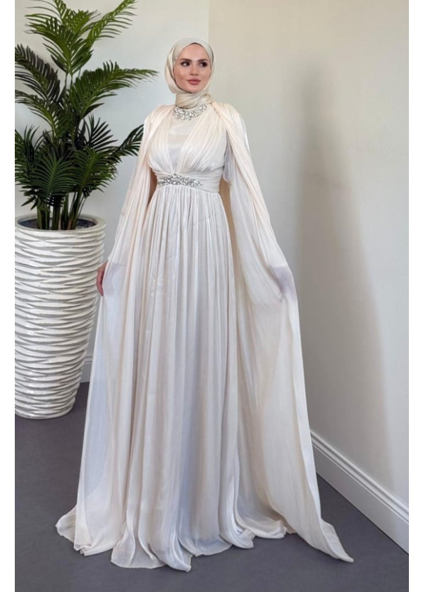 Solea Kolları Pelerinli Taşlı Abiye Krem