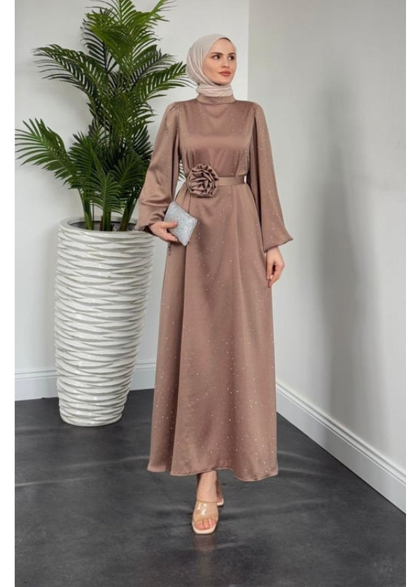 Margherita Taşlı Balon Kol Abiye Vizon