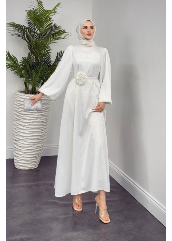 Margherita Taşlı Balon Kol Abiye Beyaz