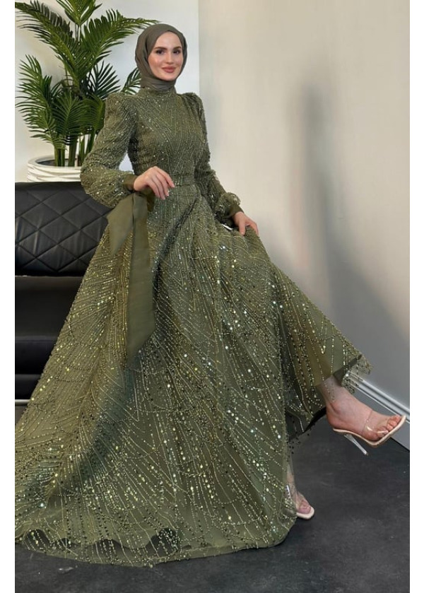 Victoria Kolu Fiyonk Boncuk İşlemeli Abiye Haki