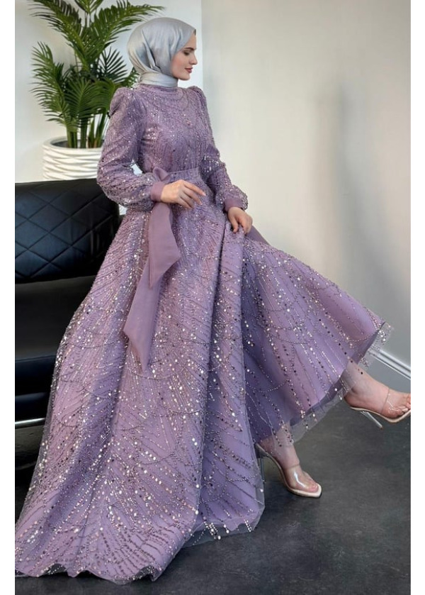 Vicitoria Kolu Fiyonk Boncuk İşlemeli Abiye Lila