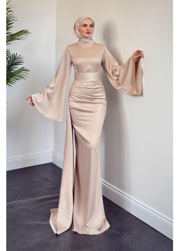 Arabella Pelerinli Saten Balık Abiye Krem