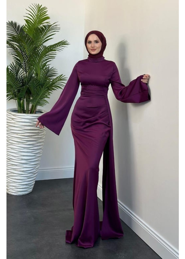 Arabella Pelerinli Saten Balık Abiye Mürdüm