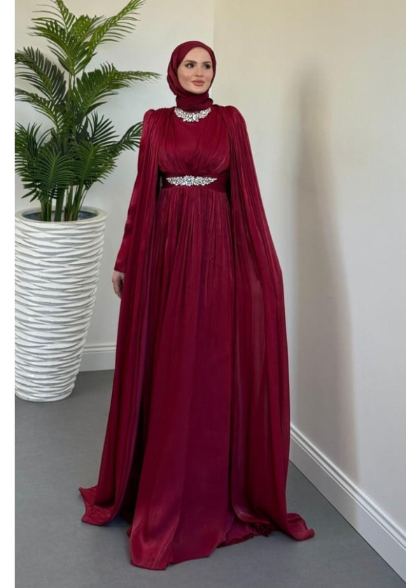 Solea Kolları Pelerinli Taşlı Abiye Bordo