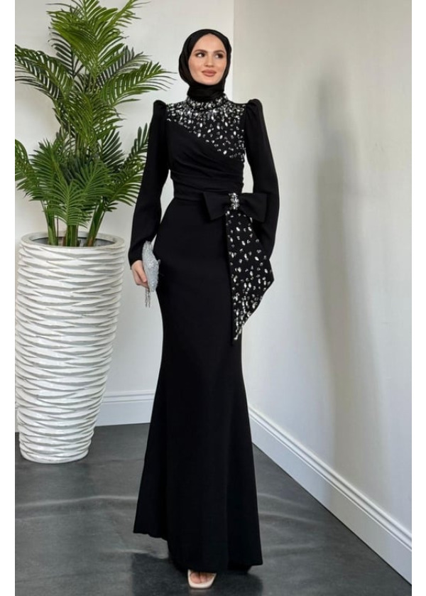 Lalissa Yandan Fiyonklu Taşlı Krep Abiye Siyah