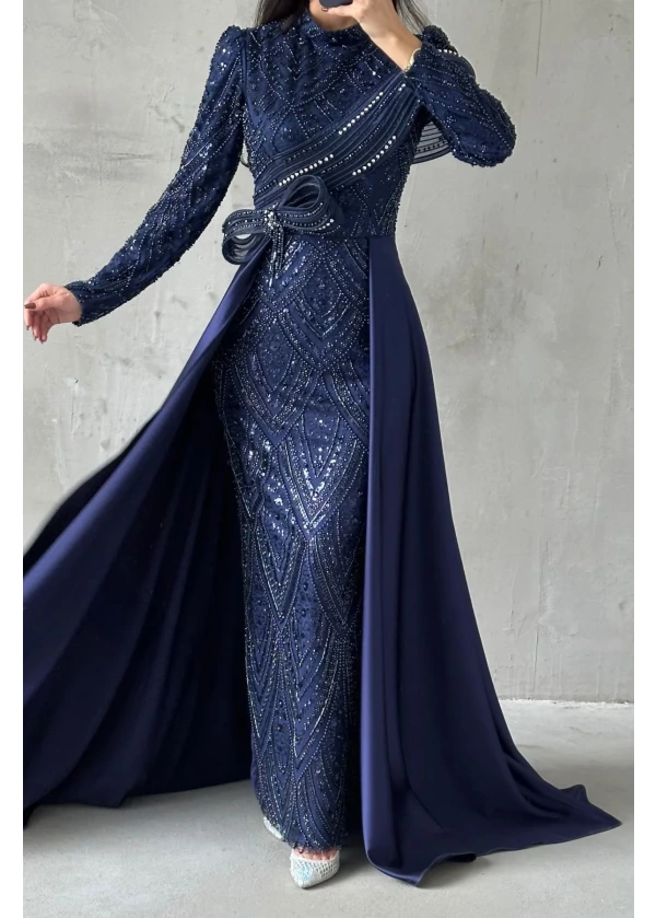 Hera Payet İşlemeli Şal Detaylı Tesettür Abiye Lacivert