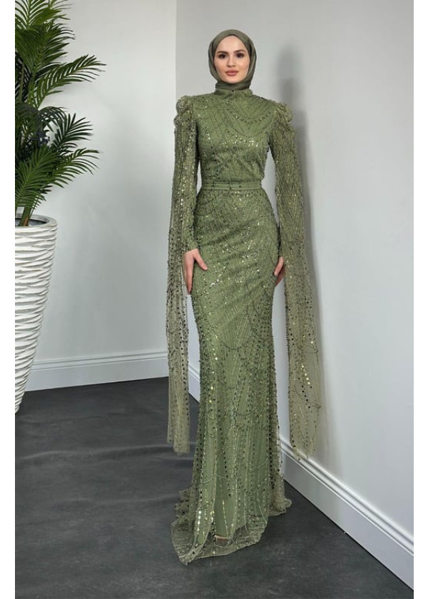  Buruella Pelerinli Taş İşlemeli Balık Model Abiye Haki