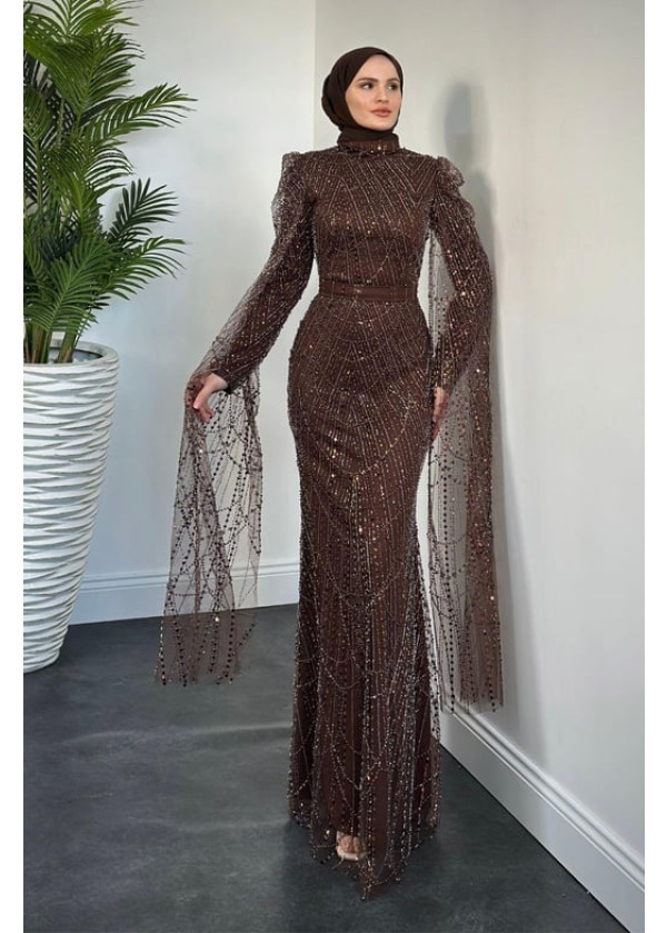 Buruella Pelerinli Taş İşlemeli Balık Model Abiye Kahverengi