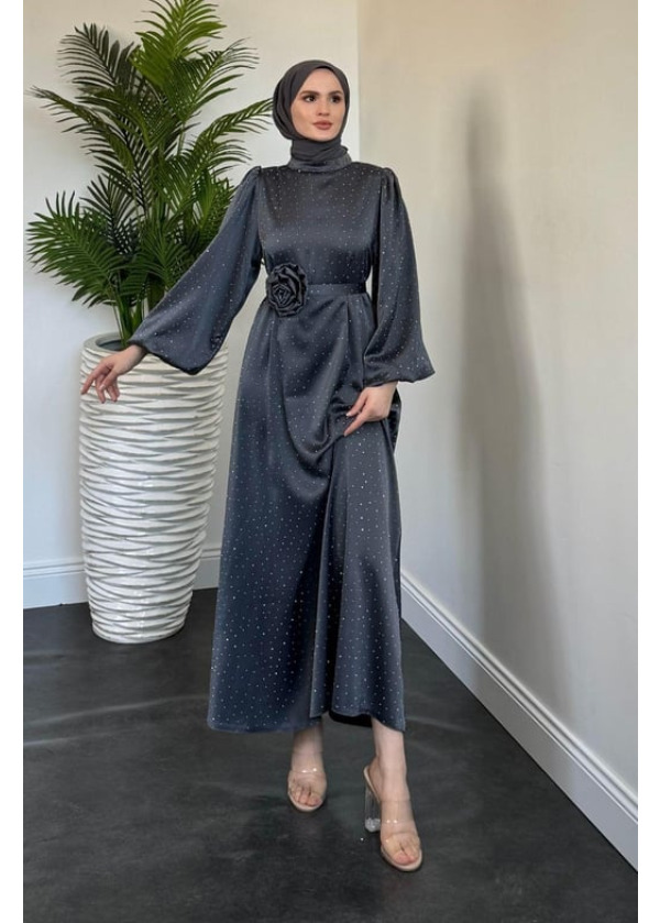 Margherita Taşlı Balon Kol Abiye Füme