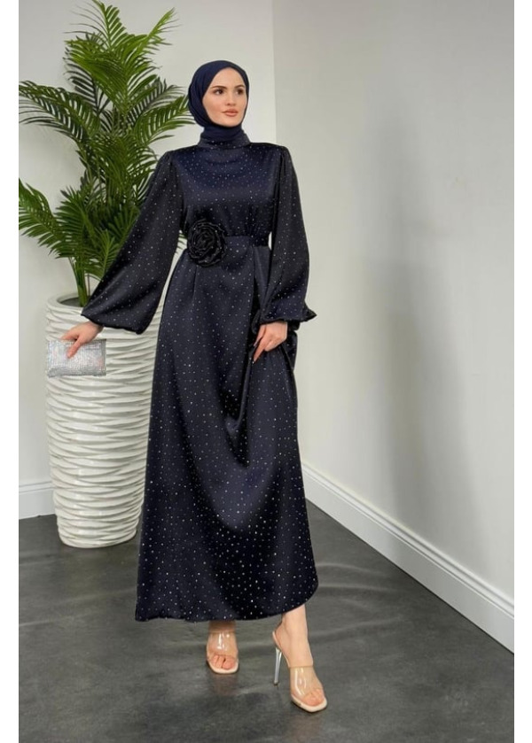 Margherita Taşlı Balon Kol Abiye Lacivert