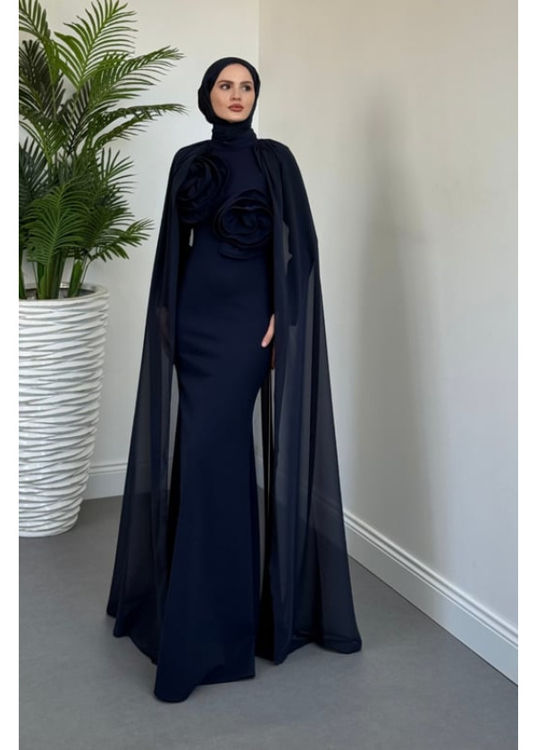 Lineaa Gül Detay Pelerinli Abiye Lacivert