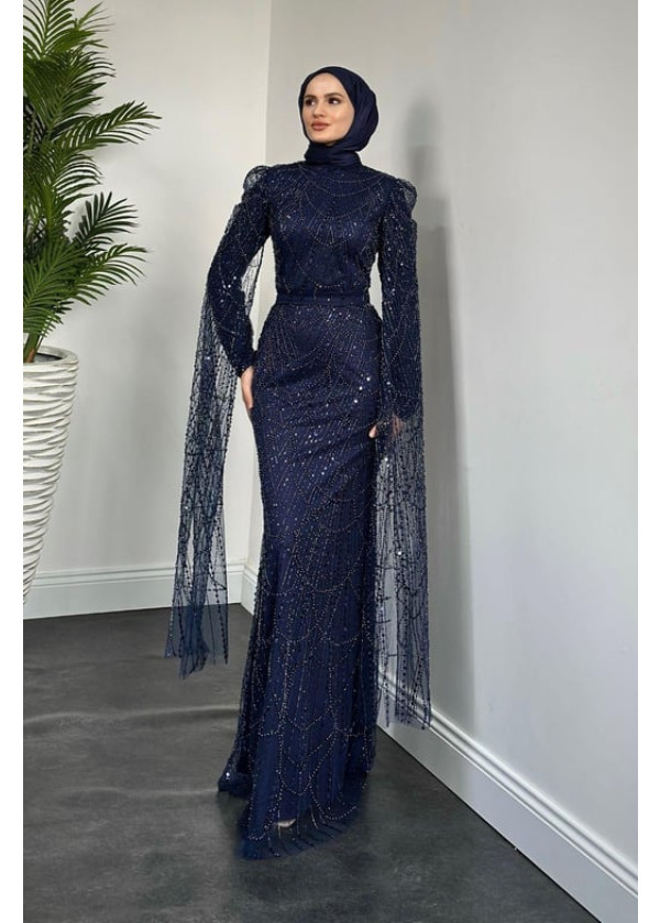 Buruella Pelerinli Taş İşlemeli Balık Model Abiye Lacivert