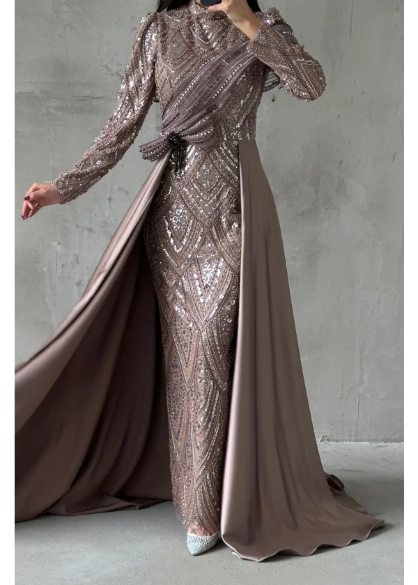 Hera Payet İşlemeli Şal Detaylı Tesettür Abiye Vizon