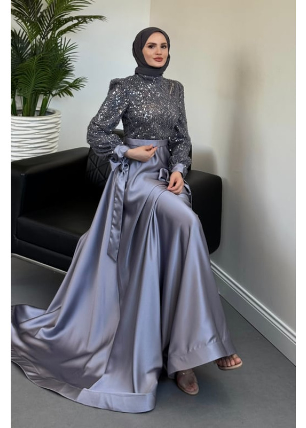 Elena Üstü Payetli Saten Abiye Füme