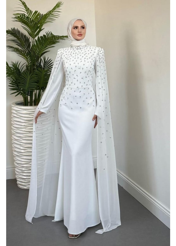 Flow Taşlı Pelerinli Abiye Beyaz