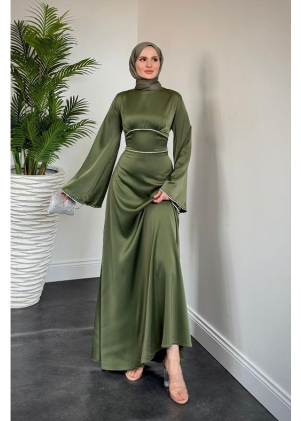 Vlasi Kolu Ve Beli Baget Taşlı Saten Abiye Haki