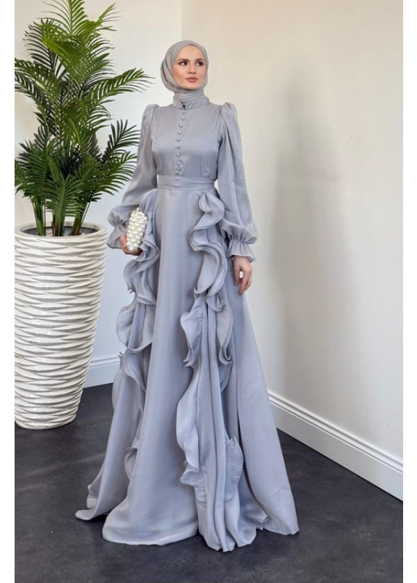 Samira Fırfırlı Janjan Abiye Gri