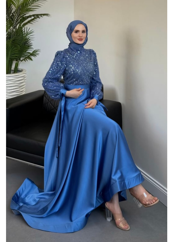 Elena Üstü Payetli Saten Abiye Mavi