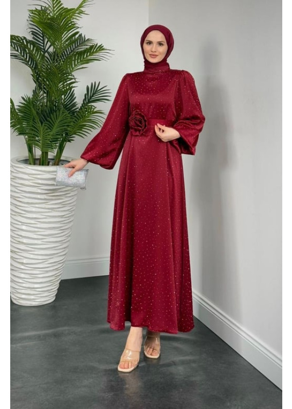 Margherita Taşlı Balon Kol Abiye Bordo