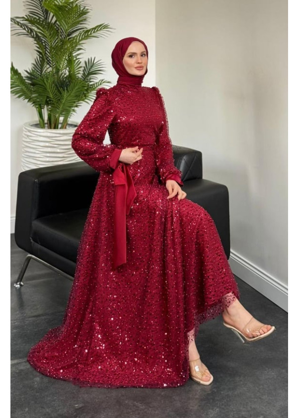 Hilly Kolları Fiyonk Saten Abiye Bordo