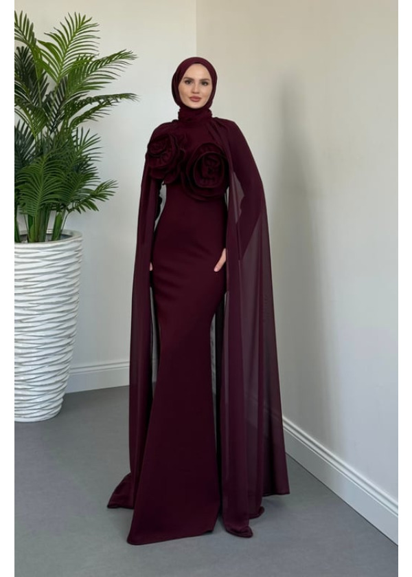 Lineaa Gül Detay Pelerinli Abiye Vişne Çürüğü