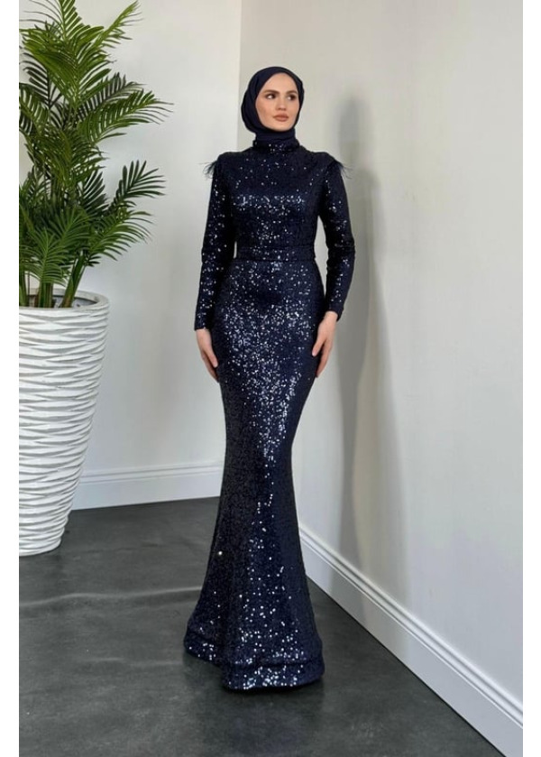 Lalin Payetli Balık Abiye Lacivert