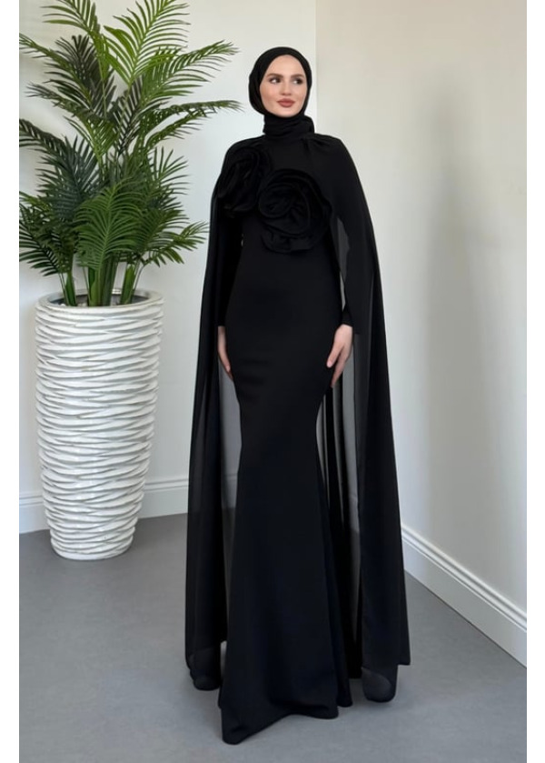 Lineaa Gül Detay Pelerinli Abiye Siyah