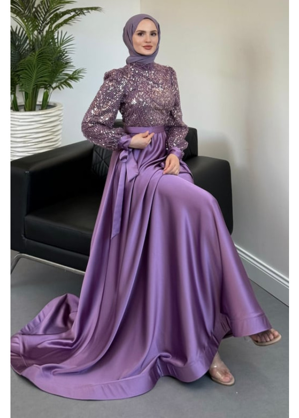 Elena Üstü Payetli Saten Abiye Lila
