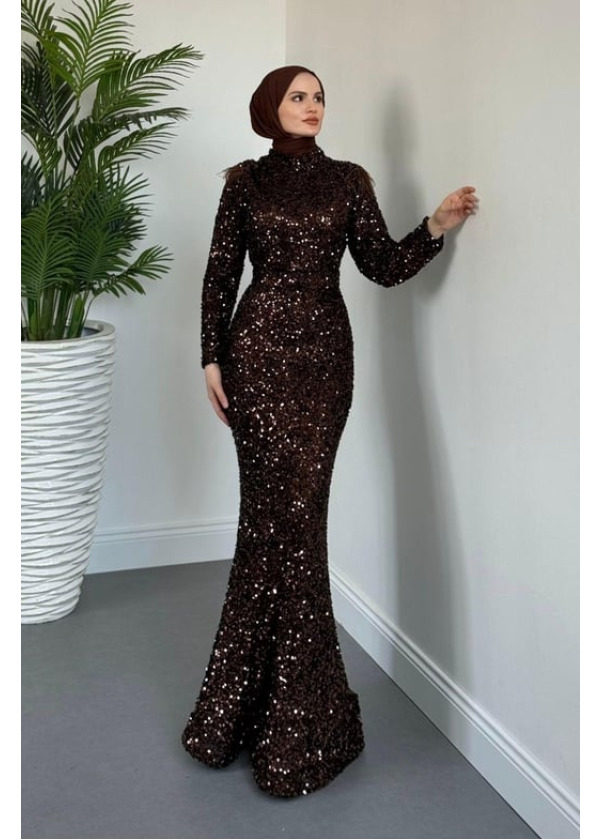 Lalin Payetli Balık Abiye Kahverengi