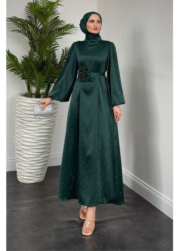 Margherita Taşlı Balon Kol Abiye Zümrüt