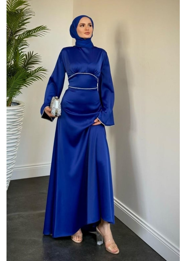 Vlasi Kolu Ve Beli Baget Taşlı Saten Abiye Saks