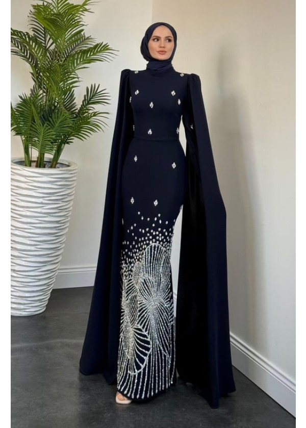 Farah Kolları Pelerinli Abiye Lacivert