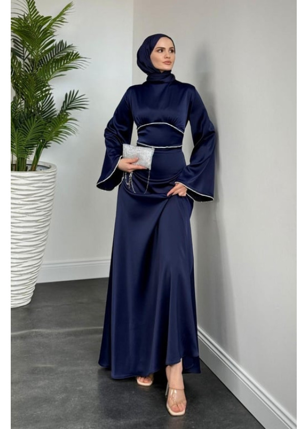Vlasi Kolu Ve Beli Baget Taşlı Saten Abiye Lacivert