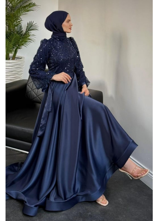 Elena Üstü Payetli Saten Abiye Lacivert