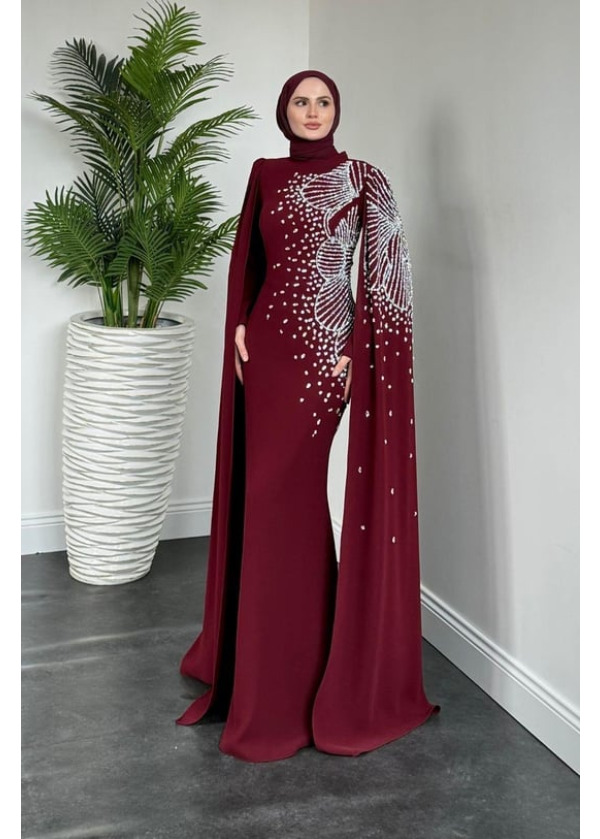 Carla Yandan Taşlı Abiye Bordo