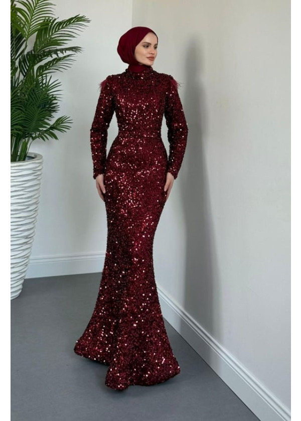 Lalin Payetli Balık Abiye Bordo