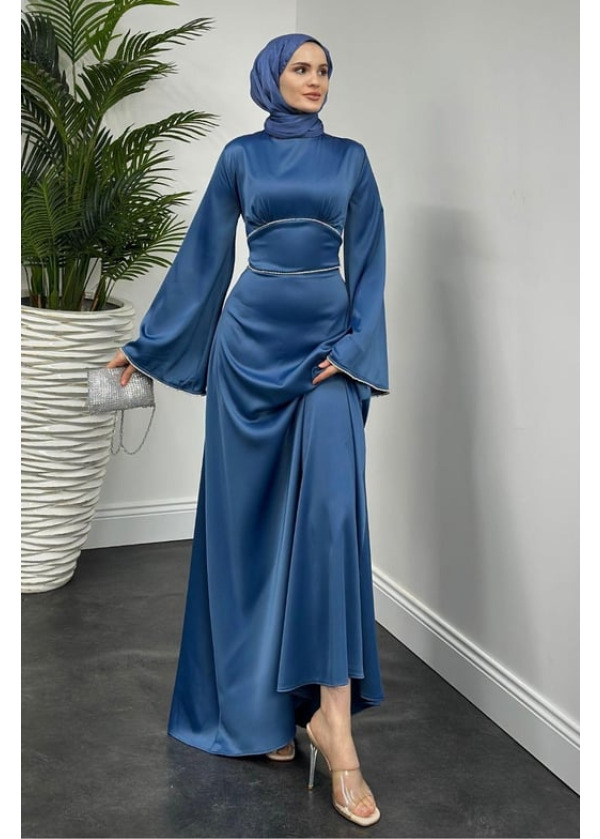 Vlasi Kolu Ve Beli Baget Taşlı Saten Abiye İndigo