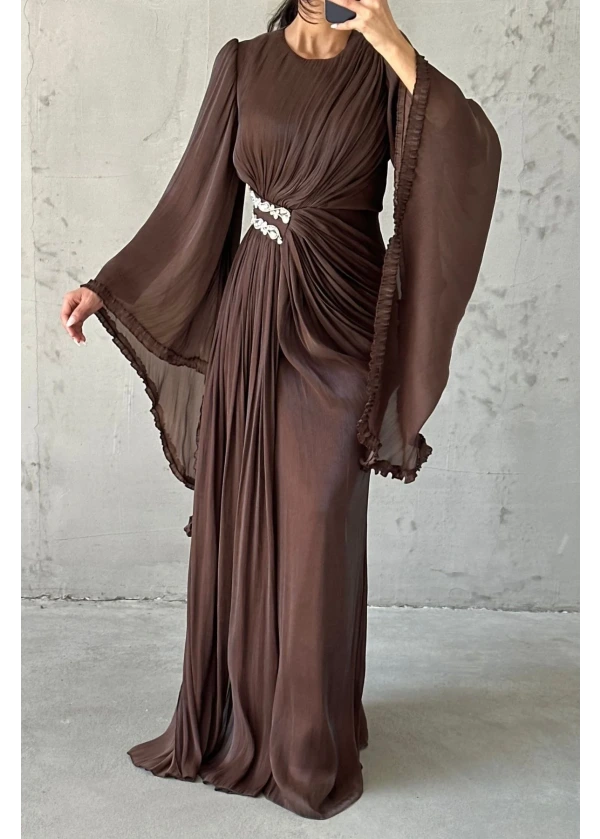  Hera Işıltılı Kol Detaylı Janjan Abiye Kahverengi